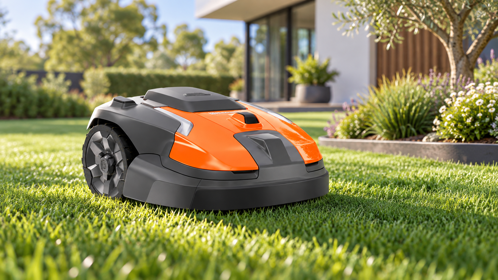 Husqvarna Automower robotic lawn mower on a green Perth spring lawn
