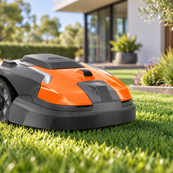 Husqvarna Automower robotic lawn mower on a green Perth spring lawn