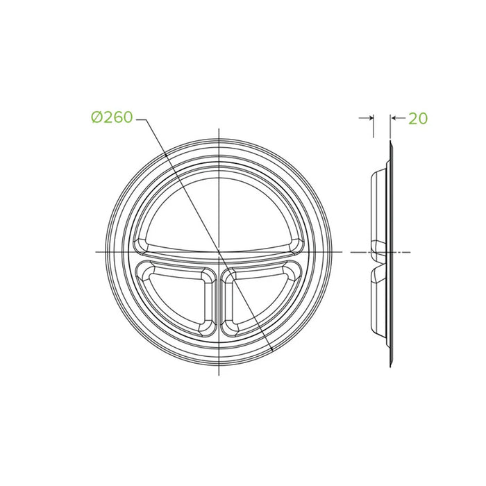 25cm - 10” 3-Compartment Round BioCane Plate Ctn 500pcs