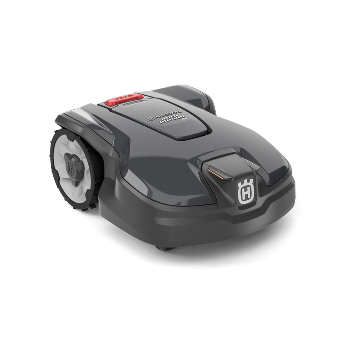 Side view of a Husqvarna Automower® 305 robotic lawn mower on a white background.