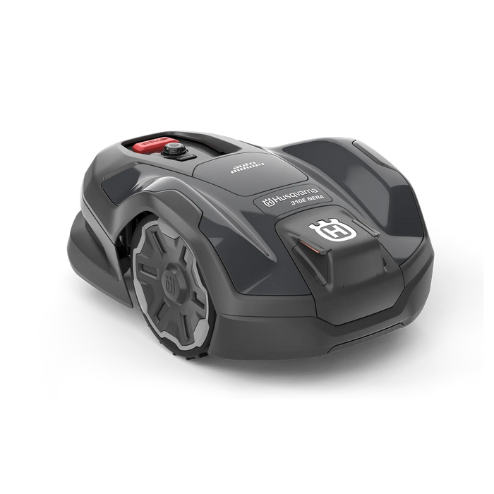Side view of a Husqvarna robotic lawn mower showcasing its design.
