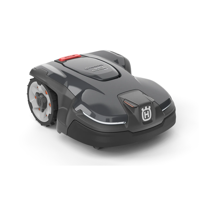 Side view of a Husqvarna robotic lawn mower showcasing its design.