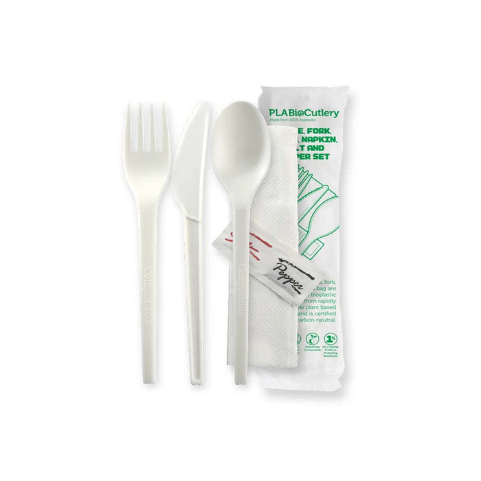 16.5cm (6.5") Bioplastic Knife, Fork, Spoon, Napkin, Salt & Pepper Set Ctn 250pcs