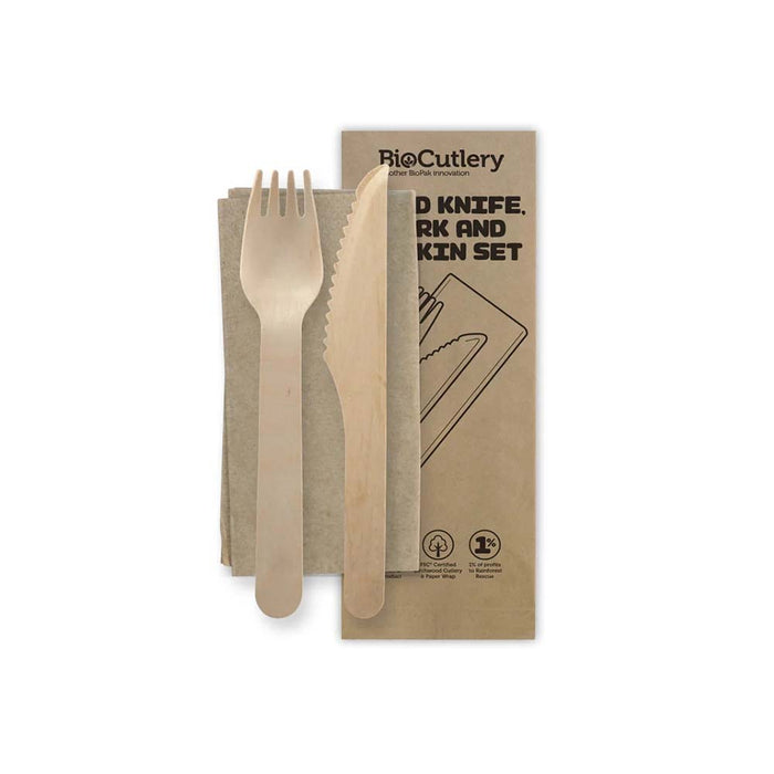 16cm Coated Wood Knife, Fork & Napkin Set Ctn 400pcs