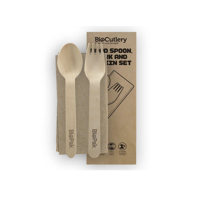 16cm Wood Spoon, Fork & Napkin Set Ctn 400pcs