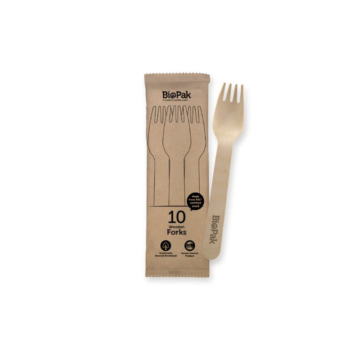10 Pack – 16cm Wooden Fork In Paper Sleeves - Ctn 200pcs