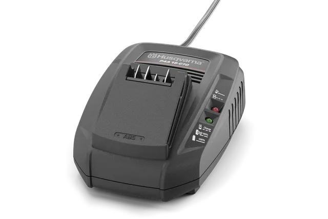 Front view of a Husqvarna battery charger with LED indicators.