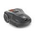 Robotic lawn mower with visible control panel and wheels.
