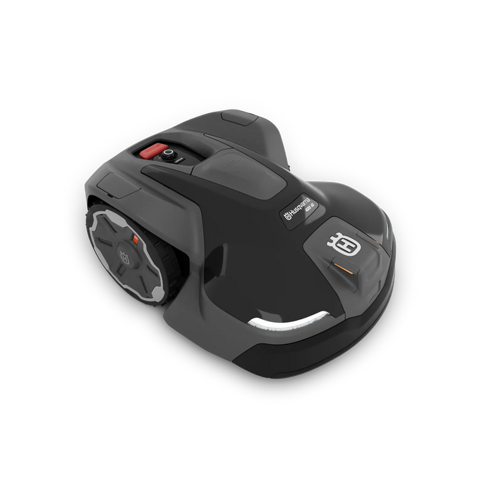 Side view of a Husqvarna robotic lawn mower on a white background.