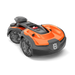 Robotic lawn mower with Husqvarna branding, showcasing its design.