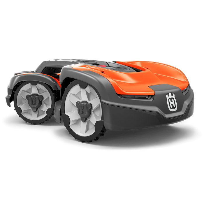 Side view of a Husqvarna robotic lawn mower with distinctive wheel design.