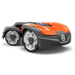 Side view of a Husqvarna robotic lawn mower with distinctive wheel design.