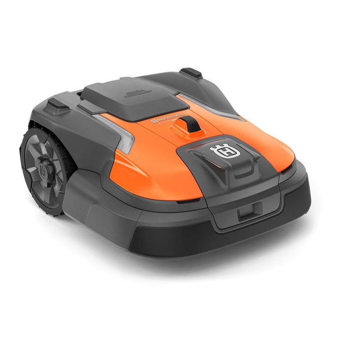 Front view of a robotic lawn mower with visible wheels and control panel.