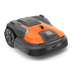 Front view of a robotic lawn mower with visible wheels and control panel.