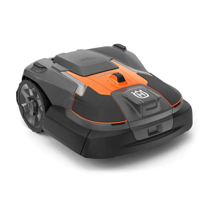 Front view of a robotic lawn mower.