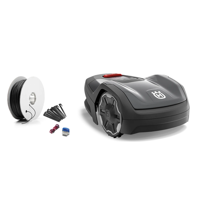 Robotic lawn mower with installation accessories including boundary wire and stakes.
