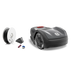 Robotic lawn mower with installation accessories including boundary wire and stakes.