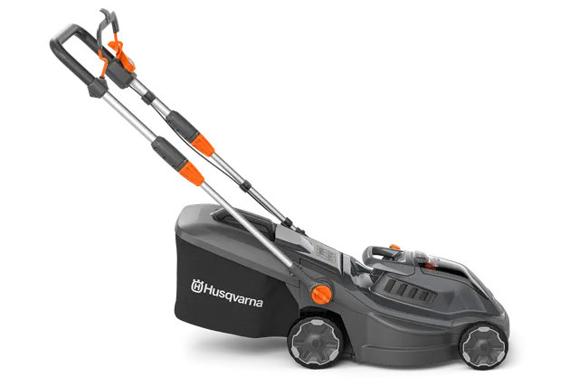 Side view of a Husqvarna battery-powered lawn mower.