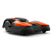 Side view of a Husqvarna robotic lawn mower designed for efficient garden maintenance.
