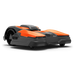 Side view of a robotic lawn mower with a sleek design.