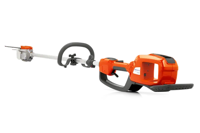 Side view of a Husqvarna battery-powered pole saw with ergonomic handle.