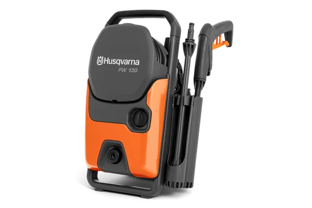 Front view of a Husqvarna PW 130 pressure washer with hose and nozzle attachments.