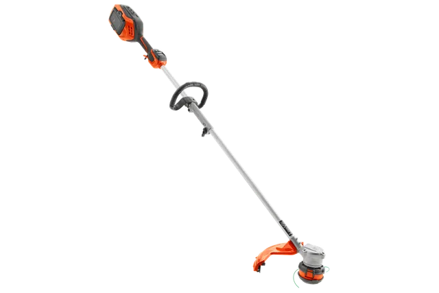 Side view of a Husqvarna battery-powered grass trimmer.