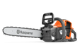 Side view of a Husqvarna chainsaw with visible chain and handle.