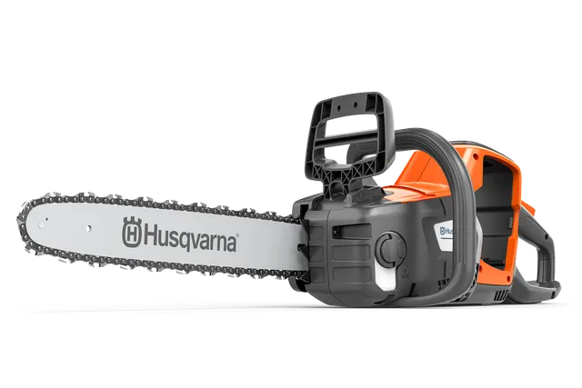 Side view of a Husqvarna chainsaw with visible chain and handle.