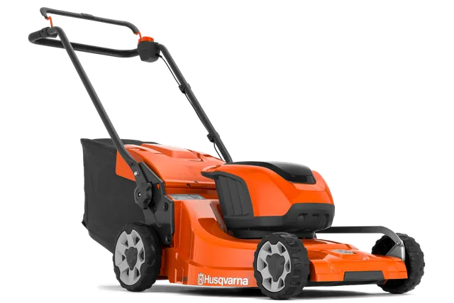 Side view of a Husqvarna battery-powered lawn mower.
