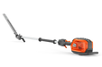 Side view of a battery-powered hedge trimmer with an extended pole.