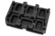 Top view of a molded plastic tray with multiple compartments.