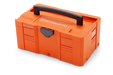 Front view of a Husqvarna toolbox with a handle and latch.