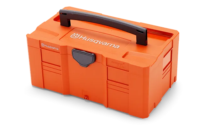Front view of a Husqvarna toolbox with a handle and latch.
