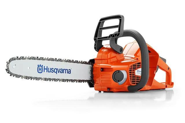 Side view of a Husqvarna chainsaw with visible branding and chain bar.