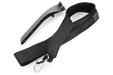 Front view of a black strap with a hook and a curved plastic accessory.