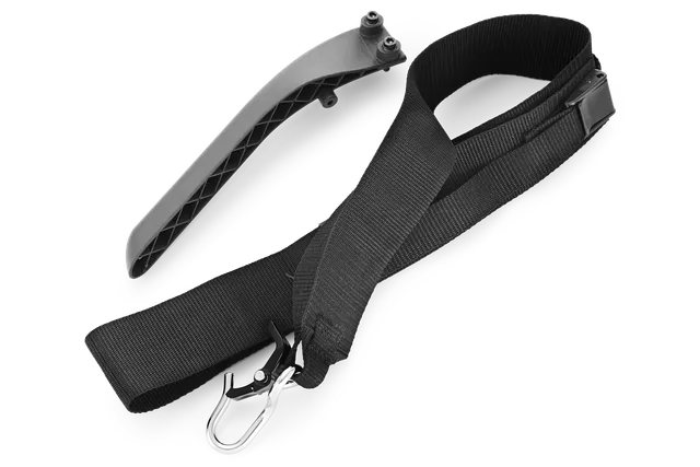 Front view of a black strap with a hook and a curved plastic accessory.