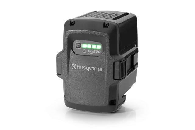 Front view of a Husqvarna BLi200 battery with LED charge indicator.