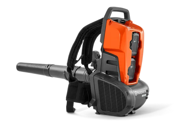 Side view of a Husqvarna backpack leaf blower showcasing dual battery compartments.