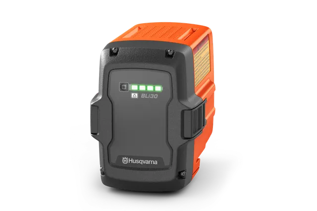 Front view of a Husqvarna BLi30 battery with LED indicators showing charge level.