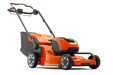 Side view of a Husqvarna battery-powered lawn mower.