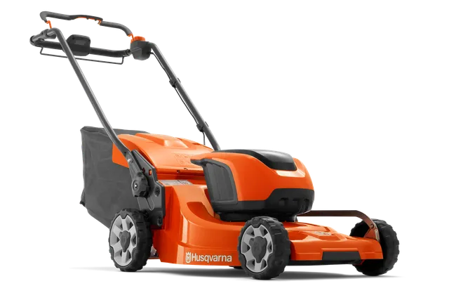 Side view of a Husqvarna battery-powered lawn mower.