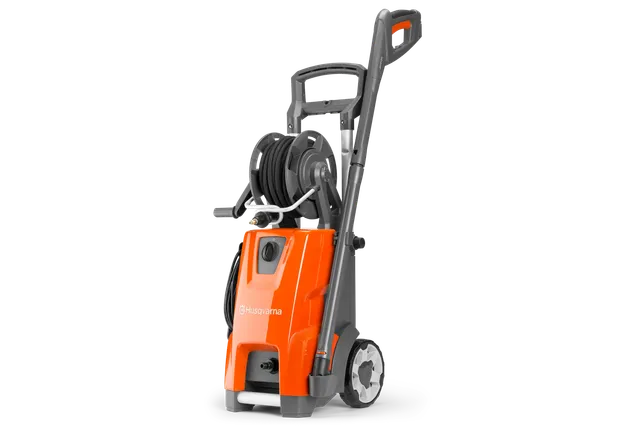 Front view of a Husqvarna pressure washer with hose reel and wheels.