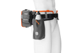 Side view of a Husqvarna battery belt with a battery pack and a utility pouch.