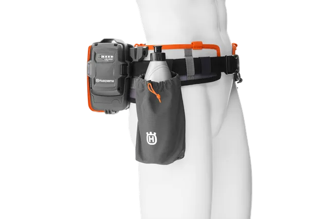 Side view of a Husqvarna battery belt with a battery pack and a utility pouch.