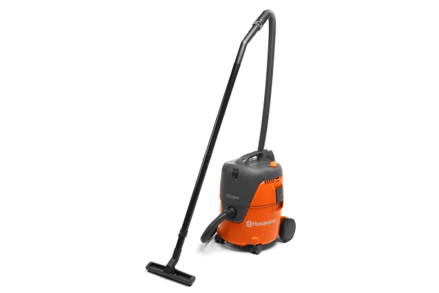 Side view of a Husqvarna vacuum cleaner with a long hose and nozzle.