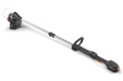 Side view of a Husqvarna battery-powered grass trimmer with ergonomic handle.