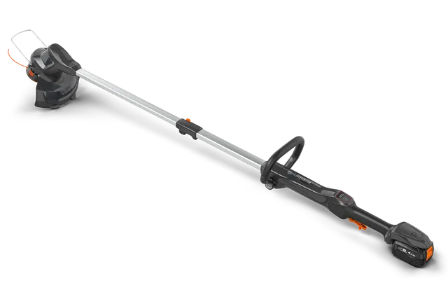 Side view of a Husqvarna battery-powered grass trimmer with ergonomic handle.