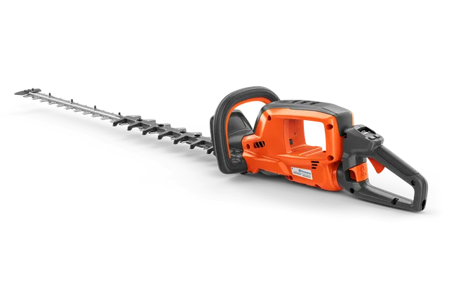 Side view of a Husqvarna hedge trimmer showcasing its ergonomic handle and cutting blade.