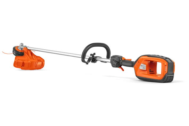 Side view of a Husqvarna battery-powered grass trimmer with ergonomic handle.